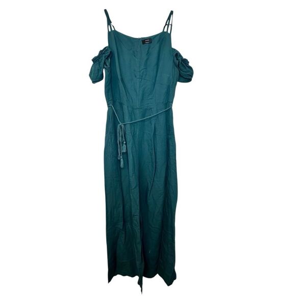 Yessica V-neck Tassel Tie Belt Cold Shoulder Linen Blend Jumpsuit Teal Large - Picture 2 of 5